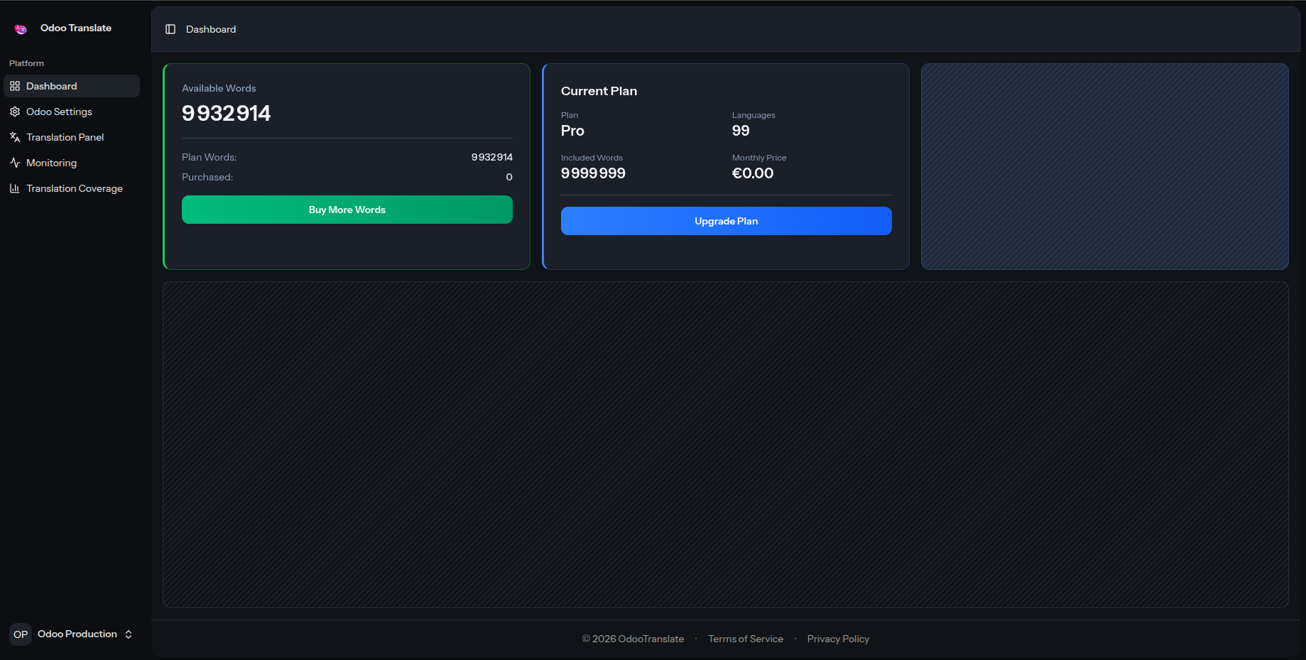 Dashboard avec quota de mots, plan actif, nombre de langues et usage du compte.