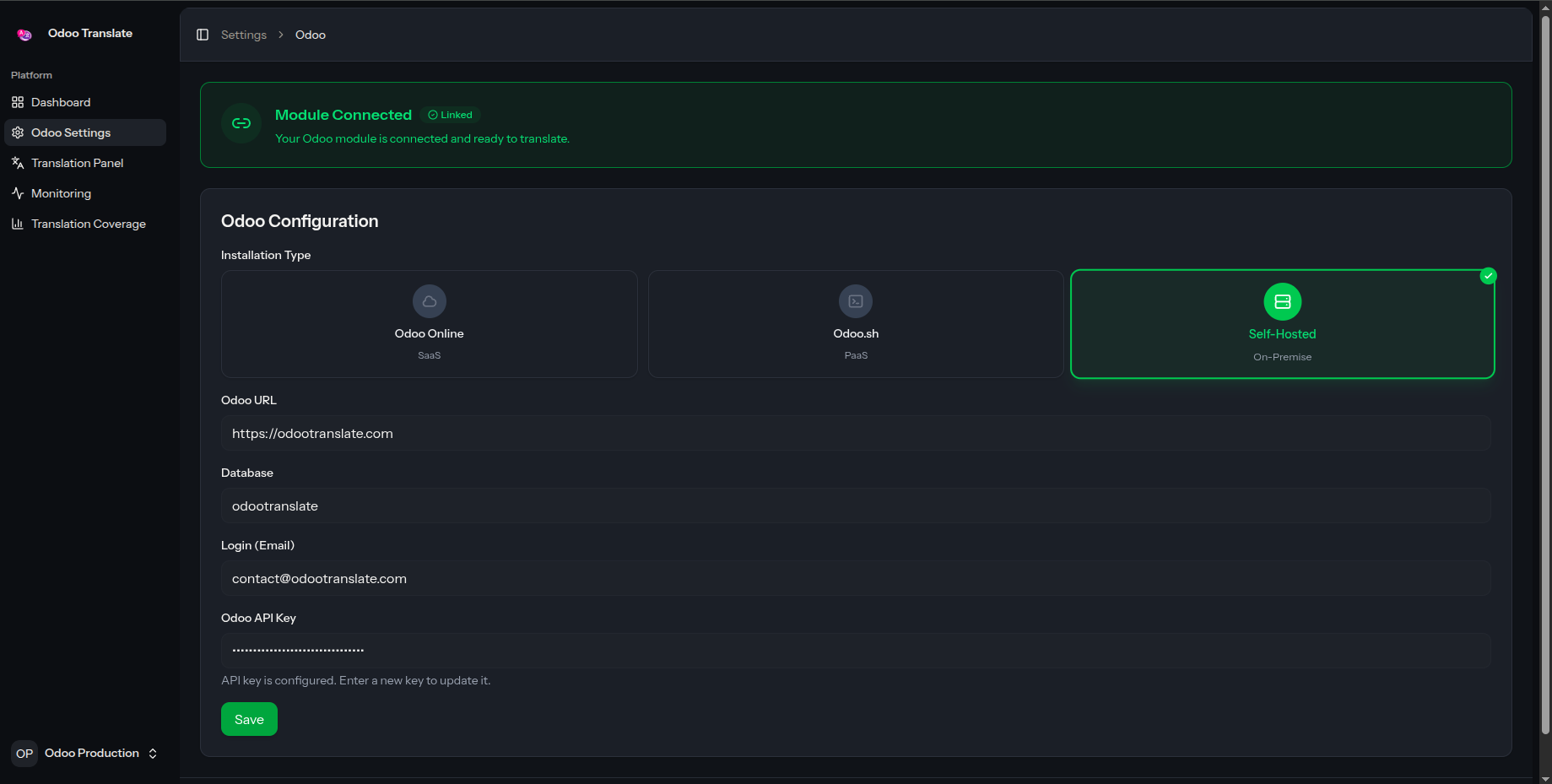 Paramètres de connexion Odoo : état, type d’installation, URL, base, login et clé API.