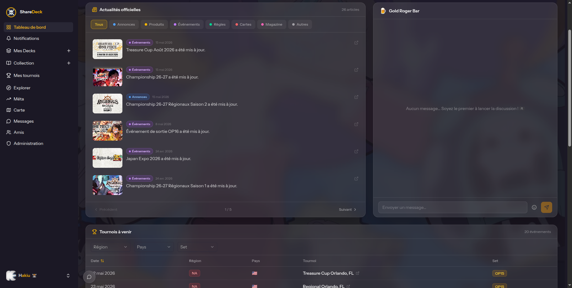 Actualités officielles, messages communautaires et tournois à venir depuis le dashboard.