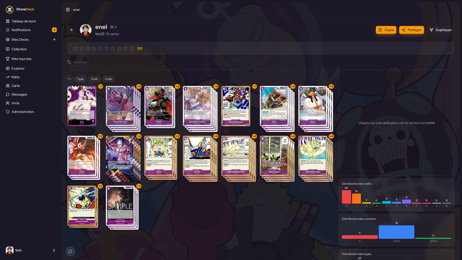 Détails d’un deck public : leader, tags, liste de cartes, contexte matchup et bandes visuelles.